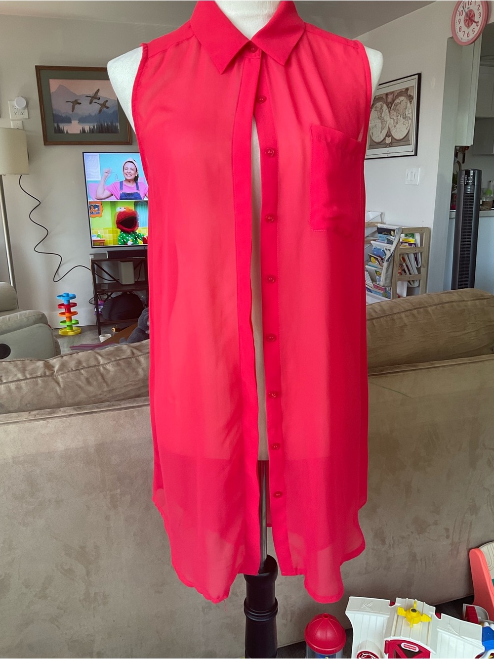 🍒Sheer Boho Chic Lush Bright Coral Red Sleeveless Tunic Vest High-Low Size Med